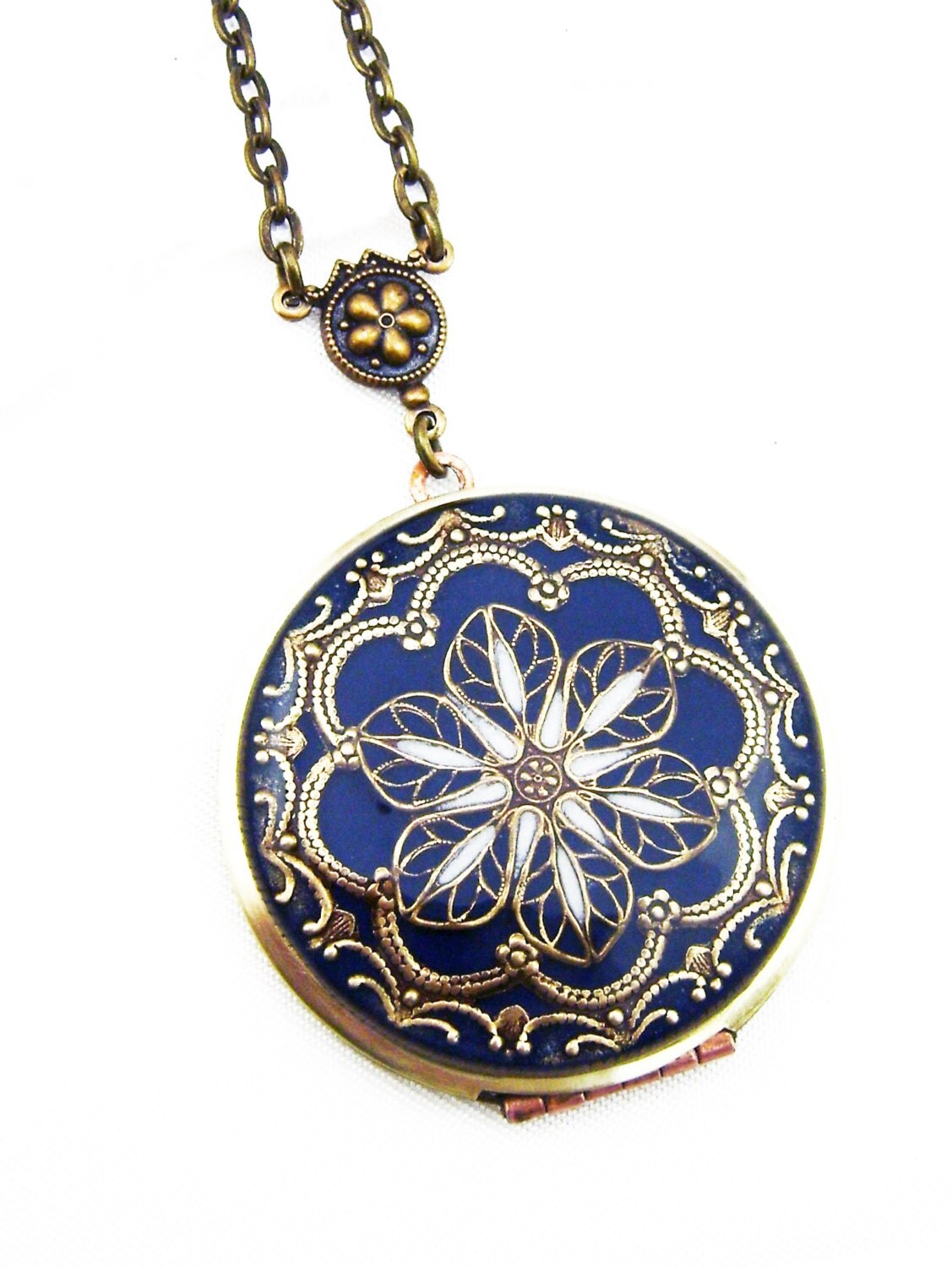 Midnight Blue Brass Filigree Flower Locket Vintage Locket