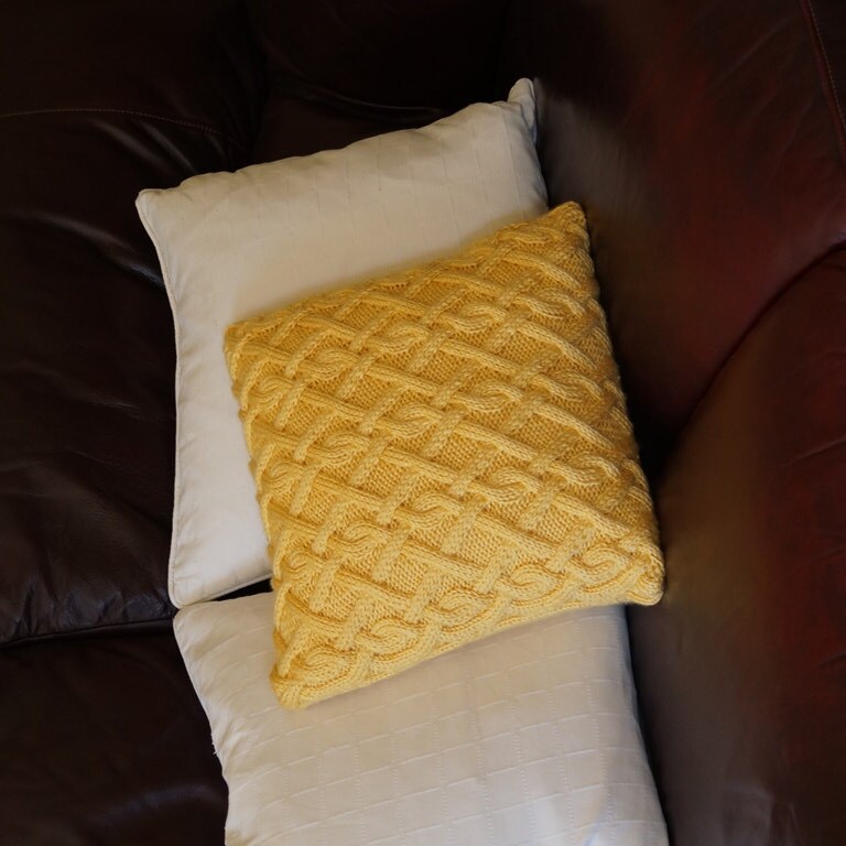 Hand knitted yellow cushion / pillow cover 40cm LANGFORD
