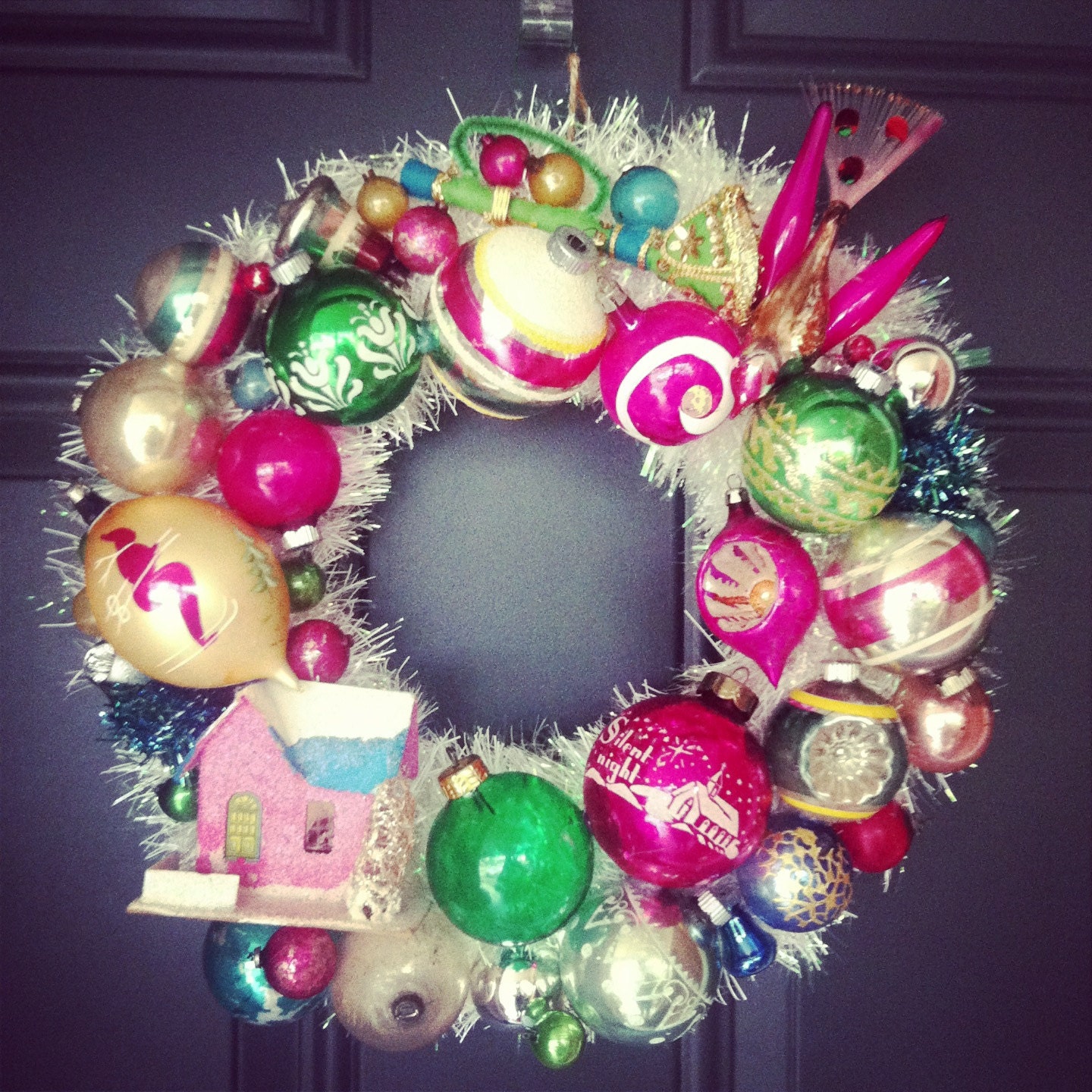 One of a kind! Vintage ornament christmas wreath pink green putz house bird tear drop hand painted stenciled germany 12 inches