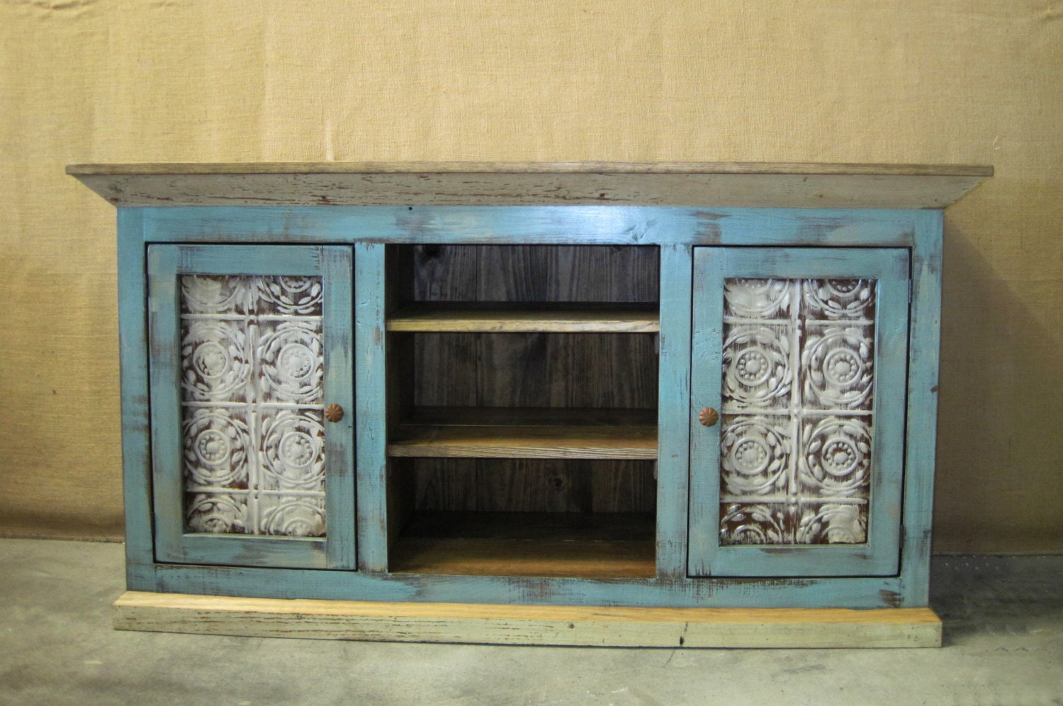 Distressed Blue Media Console Living Room