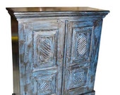 Old Door Armoire Hand Carved Blue Patina Cabinet Furniture From India