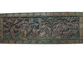 Krishna playing flute With Radharani, Cows Headboard Vintage Wooden Decor Panel