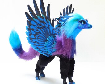 pegasus dragon posable art doll soft sculpture horse wings feathered purple blue green fantasy animal Jerseydays