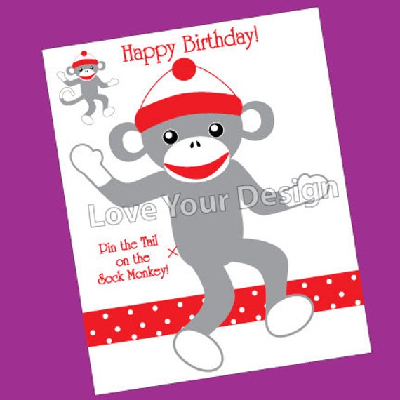 Pin the Tail on the Monkey Game INSTANT DOWNLOAD Sock Monkey