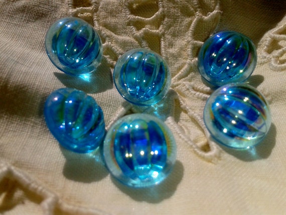 Art Deco Glass Buttons - Turquoise Blue - French 1930's - Aurora Borealis Shades Buttons -  Handmade - Couture Buttons -  Jewelry Assemblage