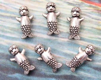 10 Baby Mermaid Bead Charms Antiqued Tibetan Silver Tone Double Sided 8 x 15mm