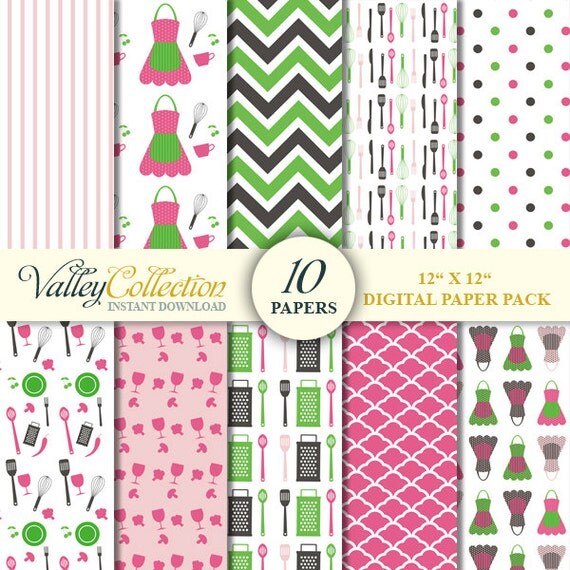 Items similar to 10 Digital Papers, Retro Kitchen Digital Scrapbook