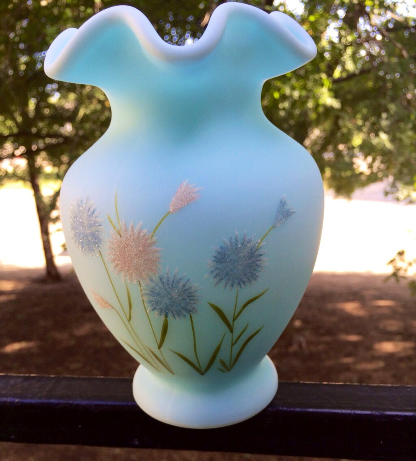 Blue Fenton Vase With Hand Painted Flowers