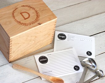 Heirloom Recipe Box and Cards - Wooden Custom Personalized Floral Wreath Monogram Engraved Recipe Card Holder With Recipe Cards