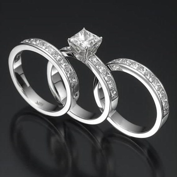 Wedding Band Diamond Engagement Ring Set 4.6 Carat Princess Cut ...