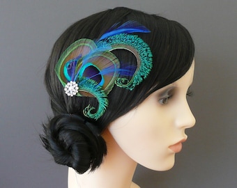 Peacock Feather Hair Clip Royal Blue Fascinator 1920's Flapper Bridesmaid Gift Hair Accessory Pearl Crystal Wedding Bridesmaids 'Althea'