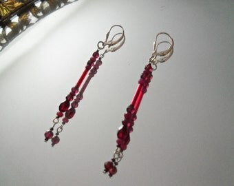 Sale--Sterling Silver / garnet/ruby dangle earring 2 3/4 in.