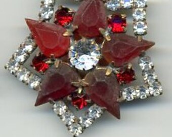 Czech glass rhinestone button - red and clear rhinestones - size 16, 36mm RS 48