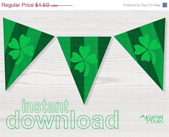 ON SALE 50 % OFF st patricks day printable banner flag with lucky clover green shamrock download immediately Il_570xn