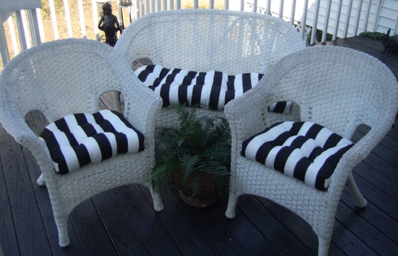 Black and White Stripe Cushions for Wicker Loveseat Settee & 2