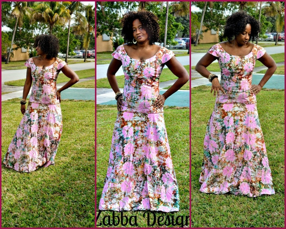 Robe africaine Tie Dye rose avec Brown africaine Maxi Dress