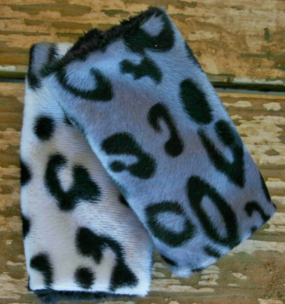 snow Leopard print with black minky Car seat strap covers for snow Leopard print with black minky Car seat strap covers for