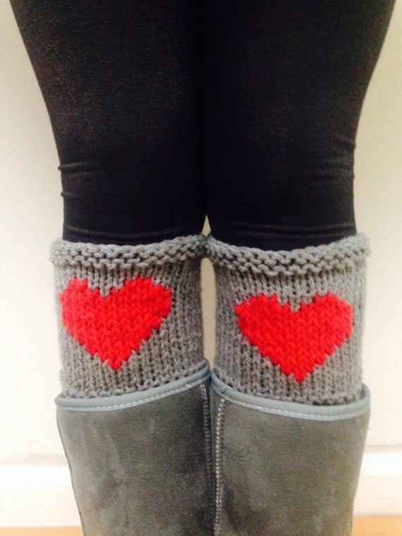 Gray Heart Knitted Leg Warmer, Knit boot toppers, Grey boot cuffs,Women leg warmers,Heart boot socks