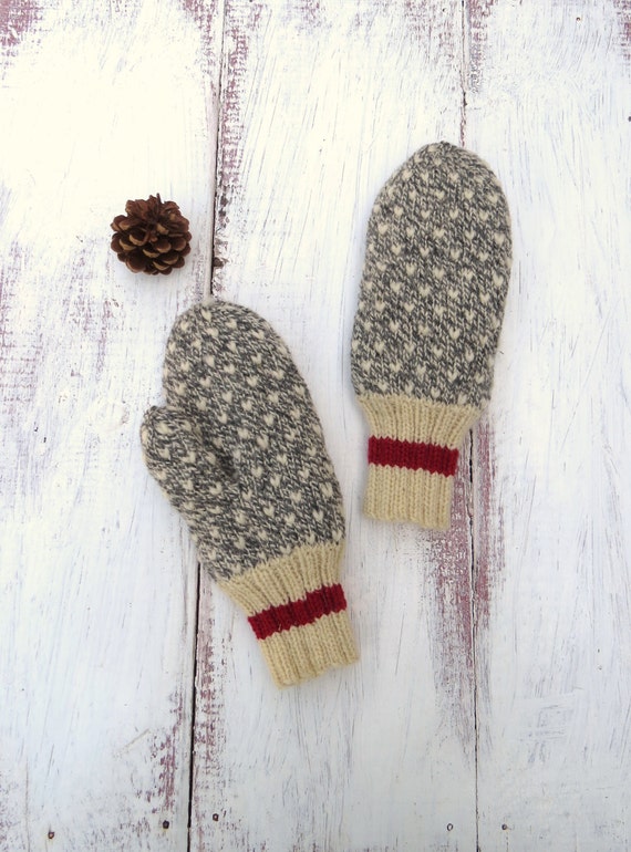 MADE TO ORDER Thrummed Mittens Hand Knit Grey and White Wool