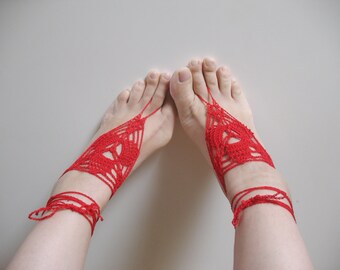 Foot Slave Anklet, Crochet Body Jewelry, Red Foot Jewelry, Red Crochet Sandals, Red Feet Thong, Red Barefoot Sandals, Red Beach Sandals