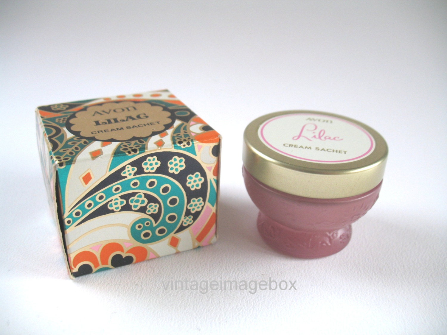 AVON Lilac Perfume Cream Sachet boxed pretty pink glass jar