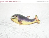 Antique Whale Lapel Pin Enameled Orca Sparkly Iridescent Purple Blue Yellow Gold Metal Bar Pin Vintage 1940's Marine Ocean Beach Jewelry