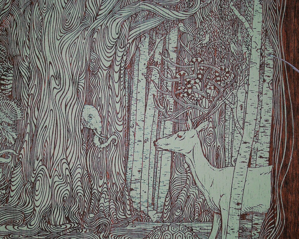 Tangled Forest Screenprint on Wood Panel 14 x 18 Wood Wall