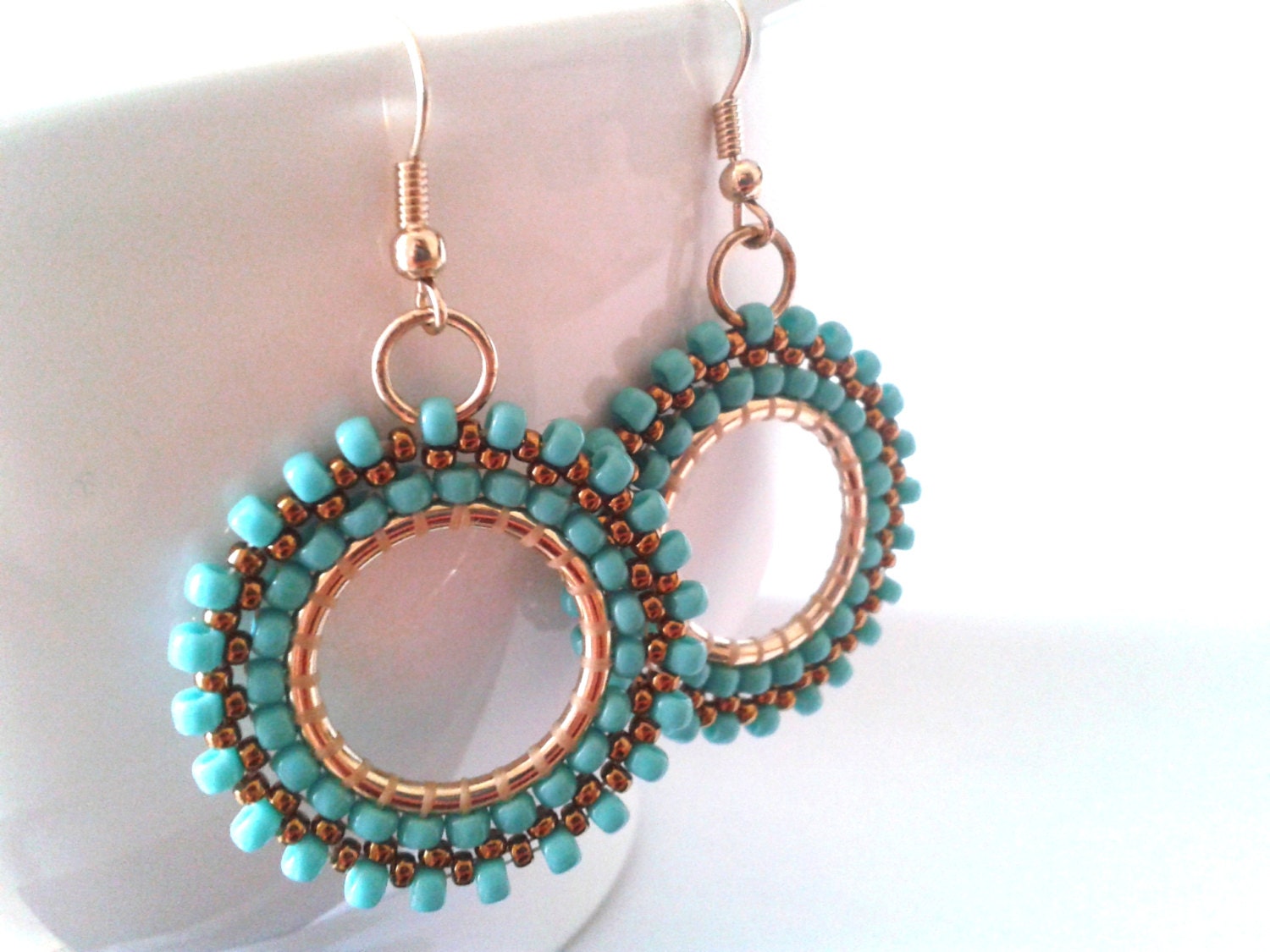 Blue Turquoise Earrings Beaded Hoop Earrings Seed Bead by ByElir