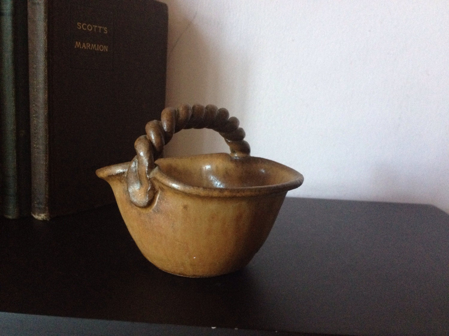 HANDMADE POTTERY BASKET twisted handle brown by AnnmarieFamilyTree