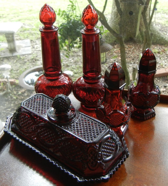 Vintage Avon Ruby Red Glass Condiment Set 6 Piece Covered
