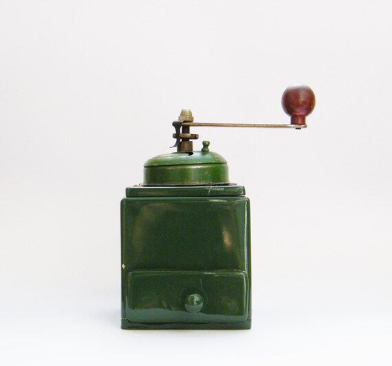 Vintage Green Wooden Coffee Grinder Hand Mill by AllThoseVintage