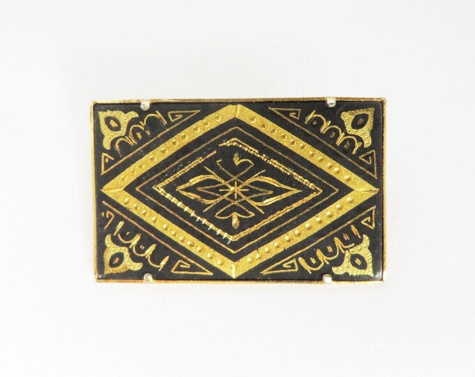 Black and Gold Rectangle Brooch, Vintage Damascene Pin