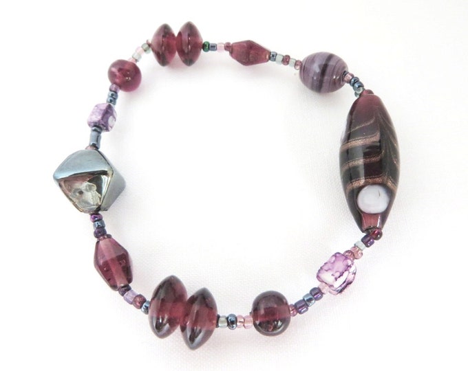 Vintage Murano Glass Bead Bracelet, Purple Italian Art Glass Stretch Bracelet