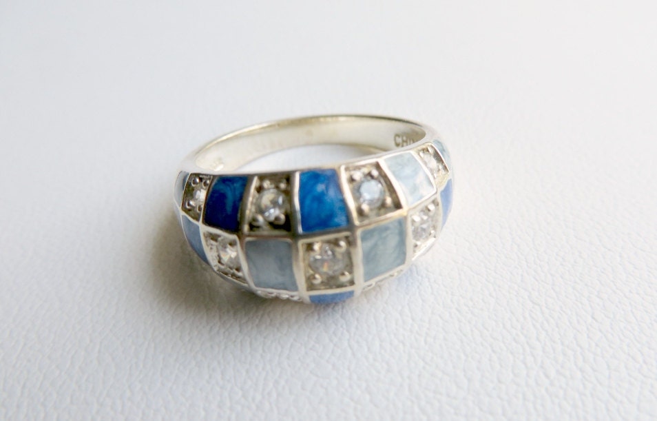 Blue Enamel Checkerboard Ring CZs Dome Ring Vintage