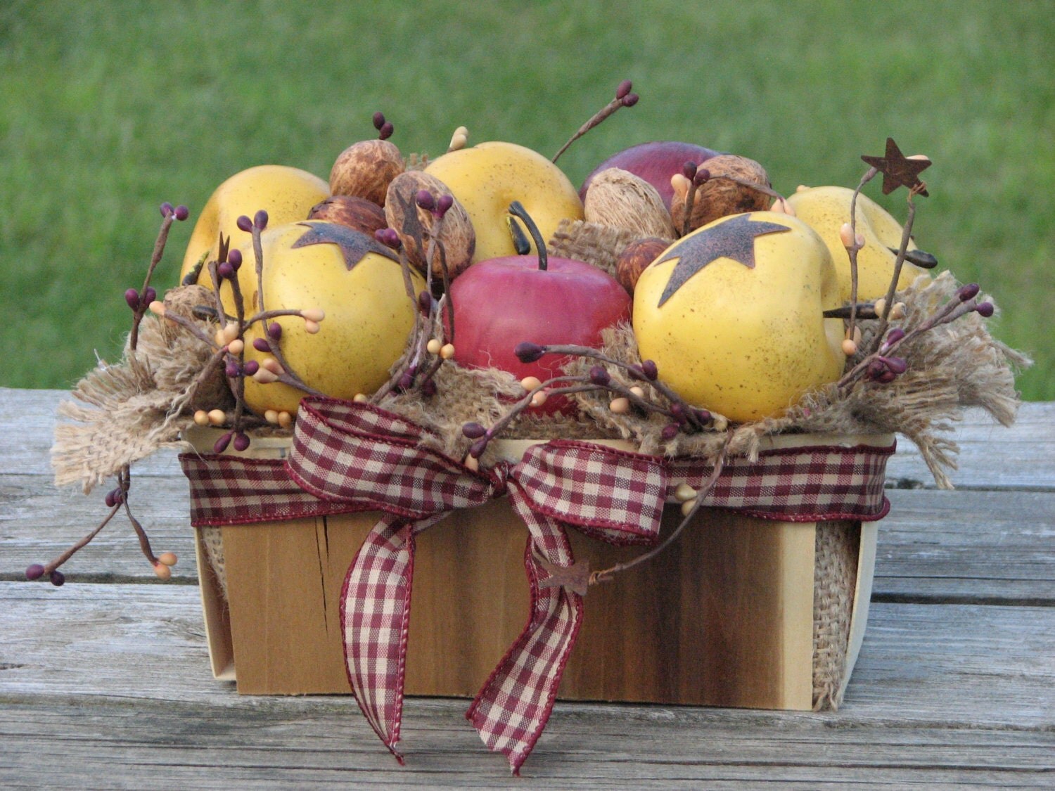 Rustic Apple Basket Centerpiece Kitchen Decor gold and red