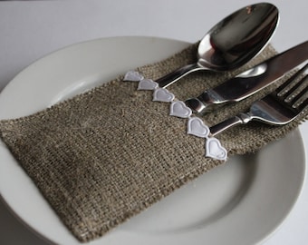 Wedding Burlap Silverware Holders with white lace - Rustic table decor - Set of 50