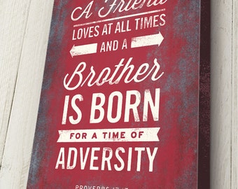 Personalized Bible Verse, Proverbs 17:17, Christian Art Wall Decor, Premium Canvas Typography Art, Pick your colors