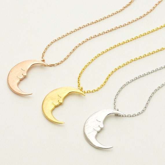 Moon Face Necklace / Silver Gold Rose Gold / N034 by silverholic