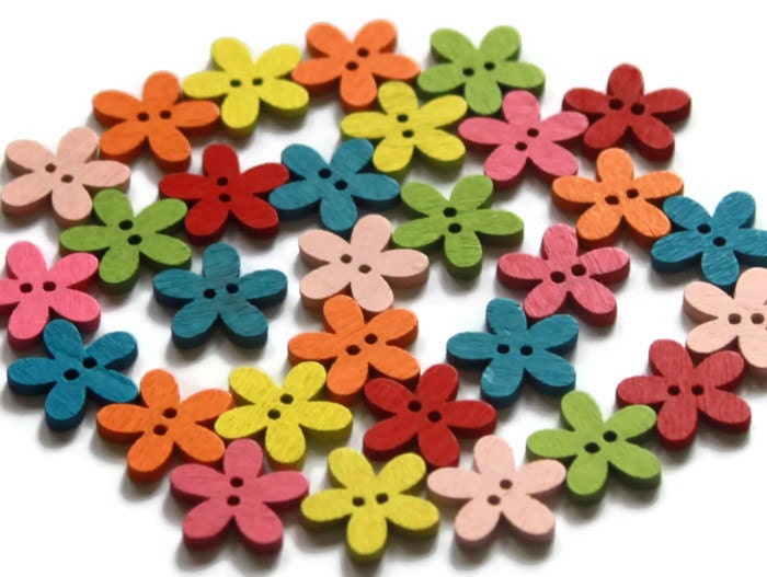 30 Wooden Flower 15mm Flower Shaped Buttons Bright painted