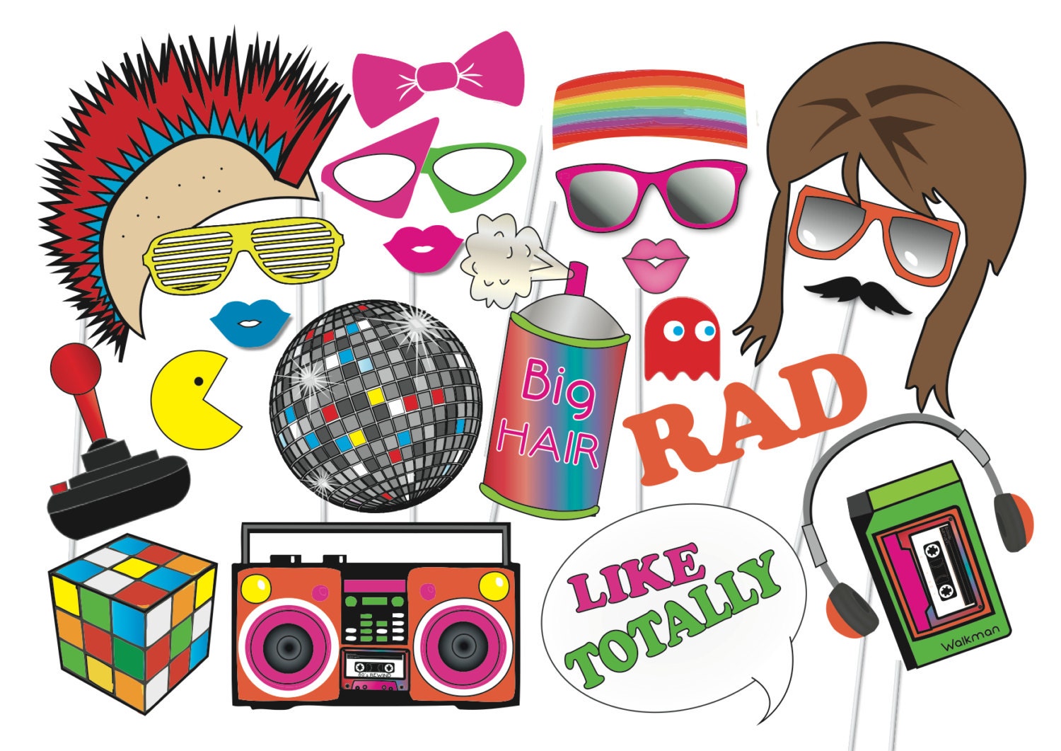 80s Photo booth Party Props Set 24 Piece PRINTABLE 1980s