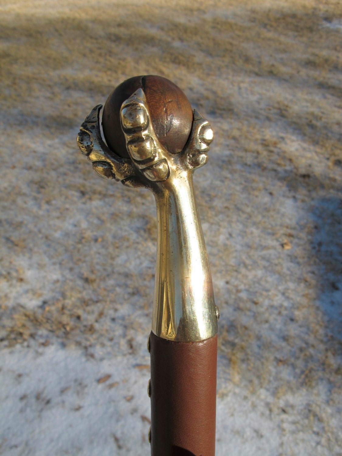 SOLD Walking stick 150 Brass claw and wood ball