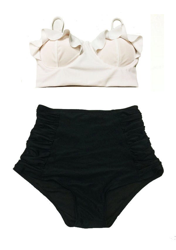 White Midkini Top and Black Ruched Highwaisted High Waisted