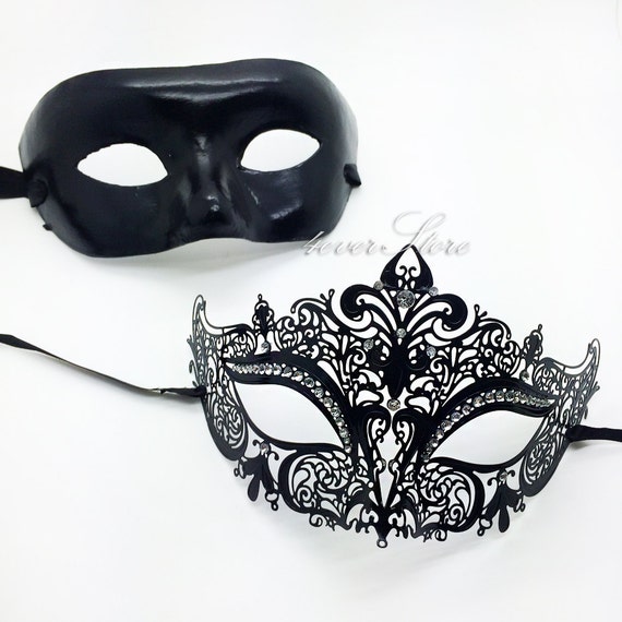 Black Masquerade Mask Luxury Couples Set His and by 4everstore