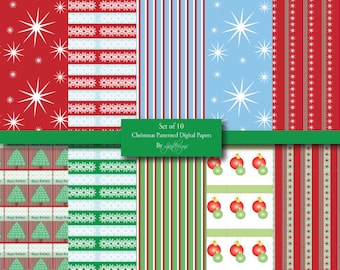 Sale 50% Off, Digital Christmas Papers, Scrapbooking Papers, Patterned Christmas Papers, Craft Supplies, Red, Green, Blue, Stars, Snowflakes