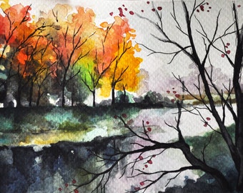 ORIGINAL Watercolor Painting, Postcard Sized Art, Autumn Trees, Colorful Landscape 4x6 inch