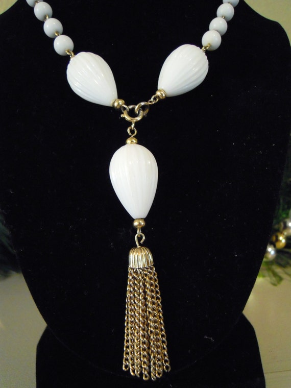 White Necklace with Gold Chain Tassel Fringe Vintage Mod