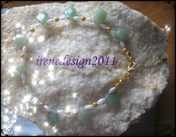 Handmade Gold Anklet with Facetted Aventurine & White Pearls by IreneDesign2011
