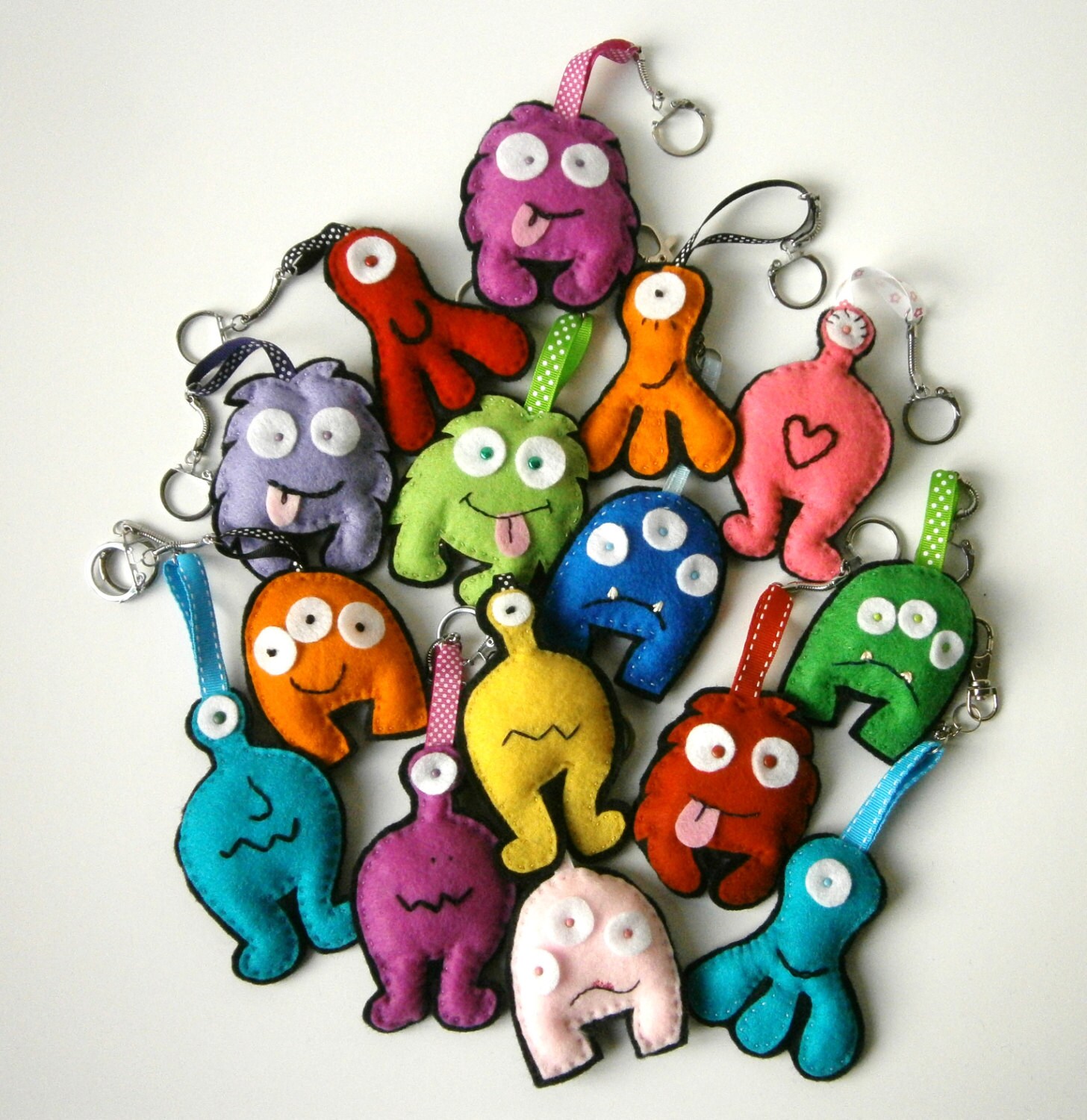 Zany colourful felt monster keychain bag tag or mobile phone