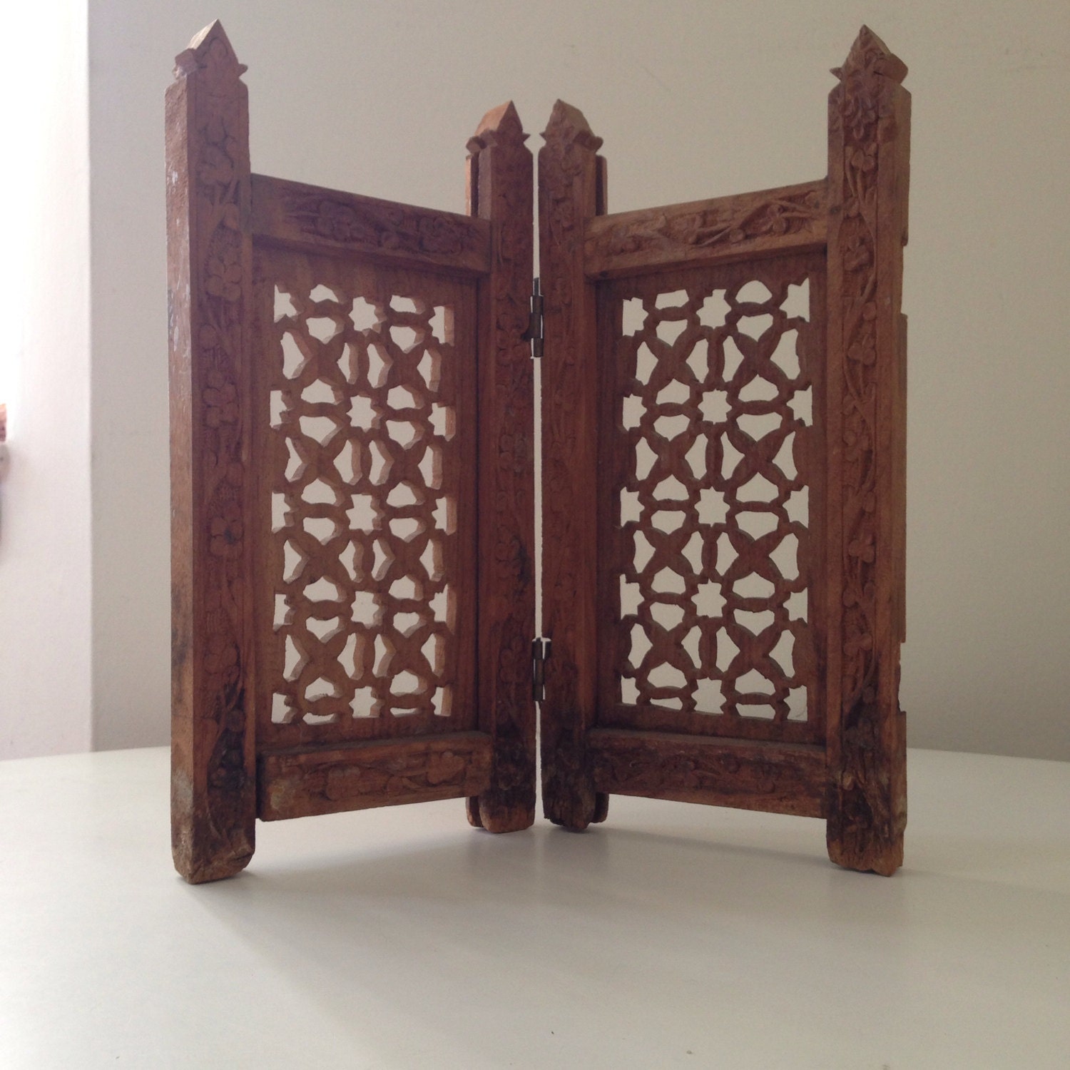 Handcarved wooden small folding screen by NouveauNonchalance