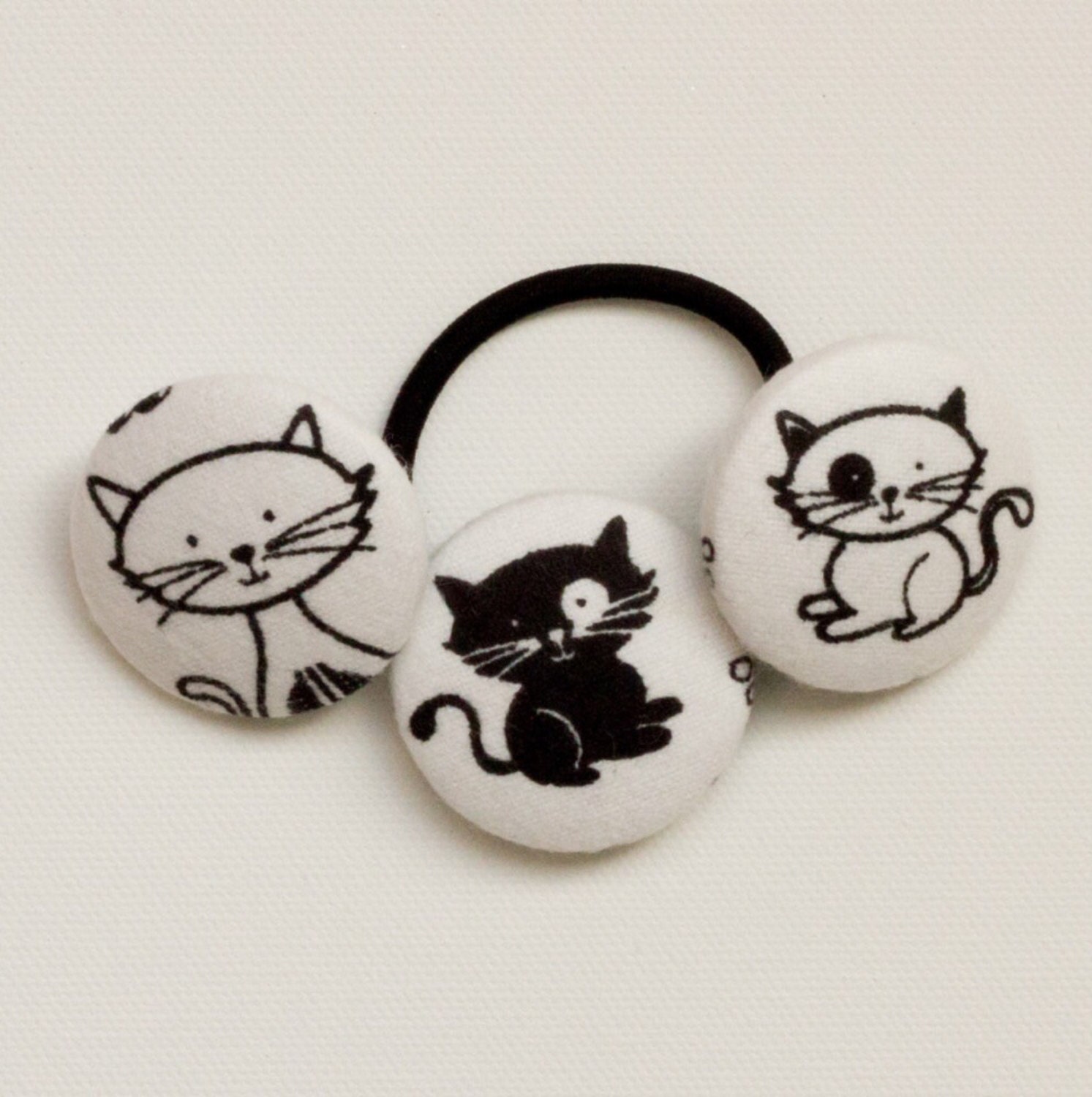Set of 3 Smiling Black & White Cat Hair Tie Fabric Covered